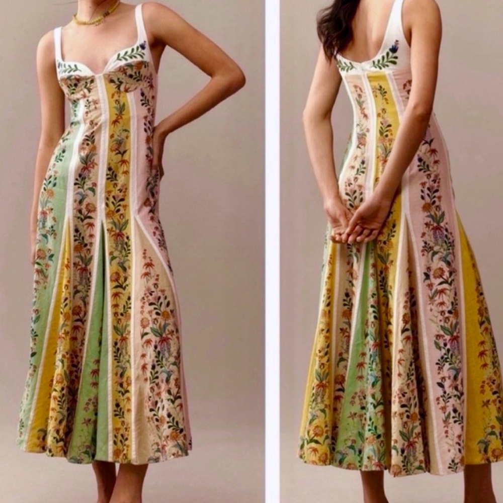 Christian Lacroix corset linen dress farm rio anthropologie cottagecore print 6